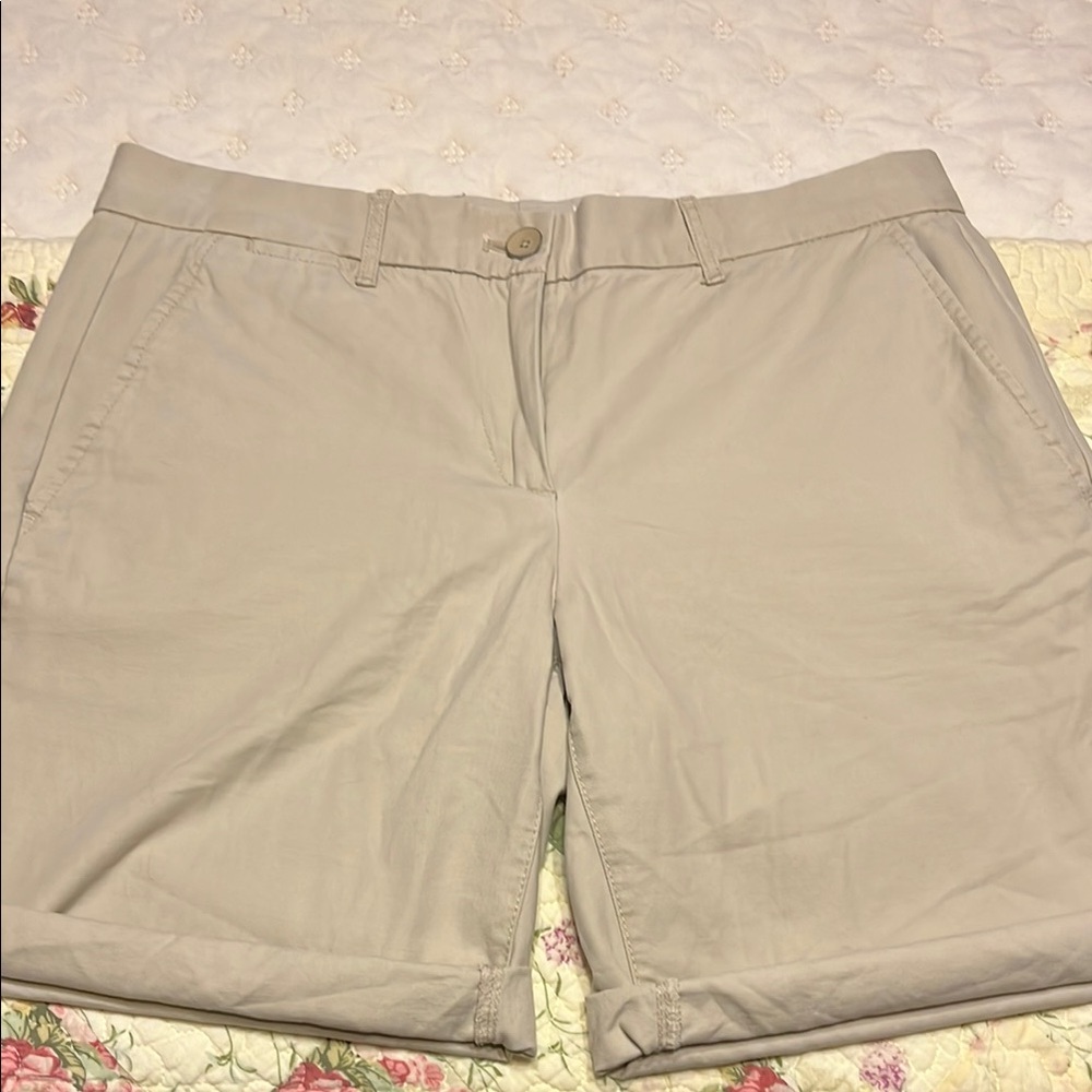 Tan Bermuda Shorts with Cuffed Legs and Flat Front